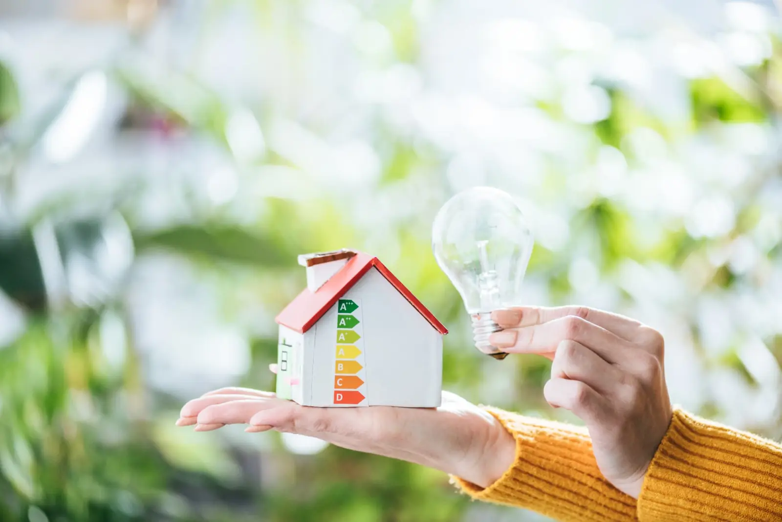 Haus mit Energieeffizienz-Label in der Hand